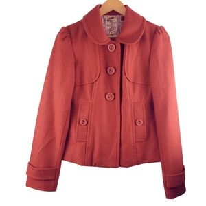 Anthropologie Tulle Pea Coat Wool Women Peter Pan Collar Burnt Orange Size Small
